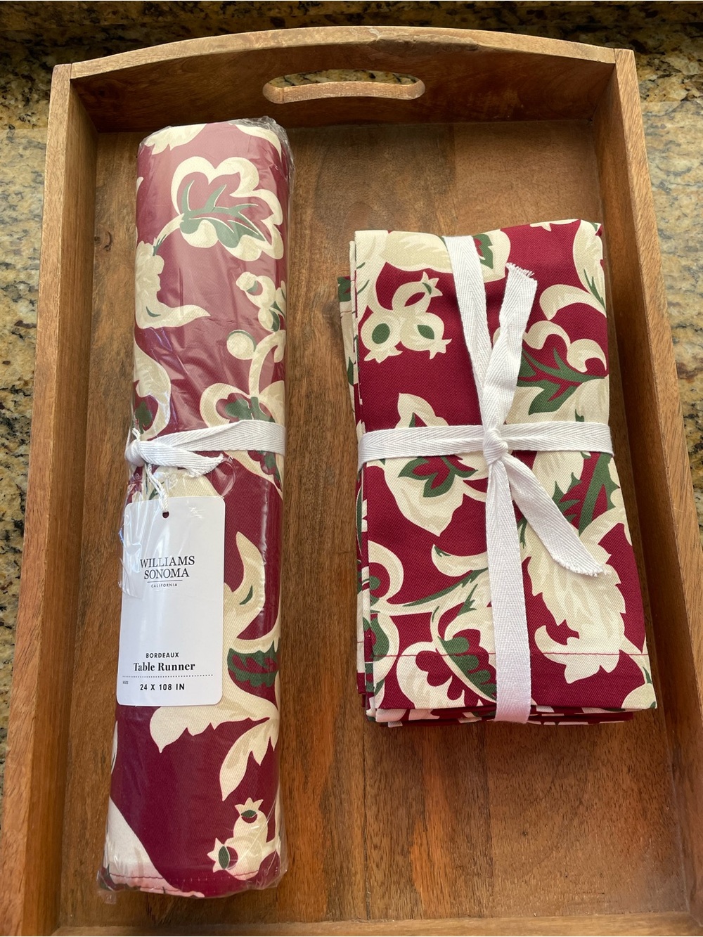 Williams Sonoma Burgundy Floral Table Runner and Napkin Set of 8